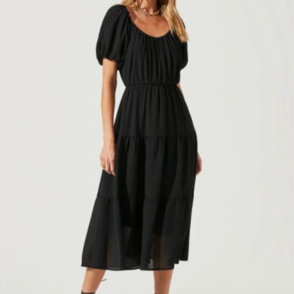 ASTR Dress Smocked Tiered Maxi Black Casual Short Sleeve Scoop Neck - Picture 1 of 10